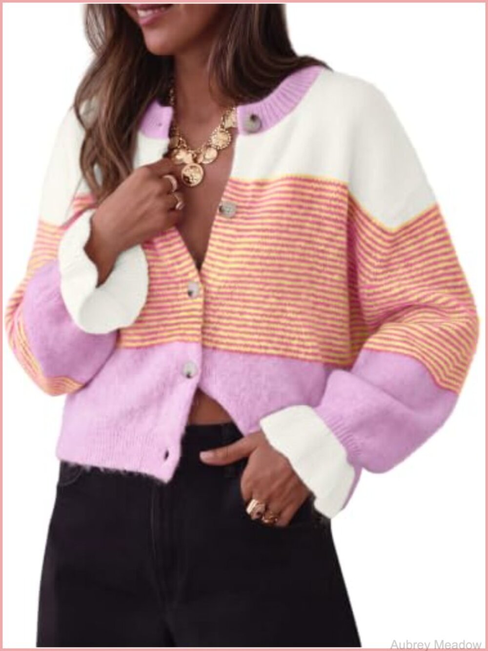 Women's Striped Knit Cardigan Soft Crew Neck Long Sleeve Button Front